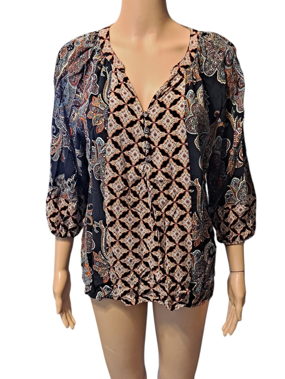 Free People Black Paisley Print V-Neck Blouse